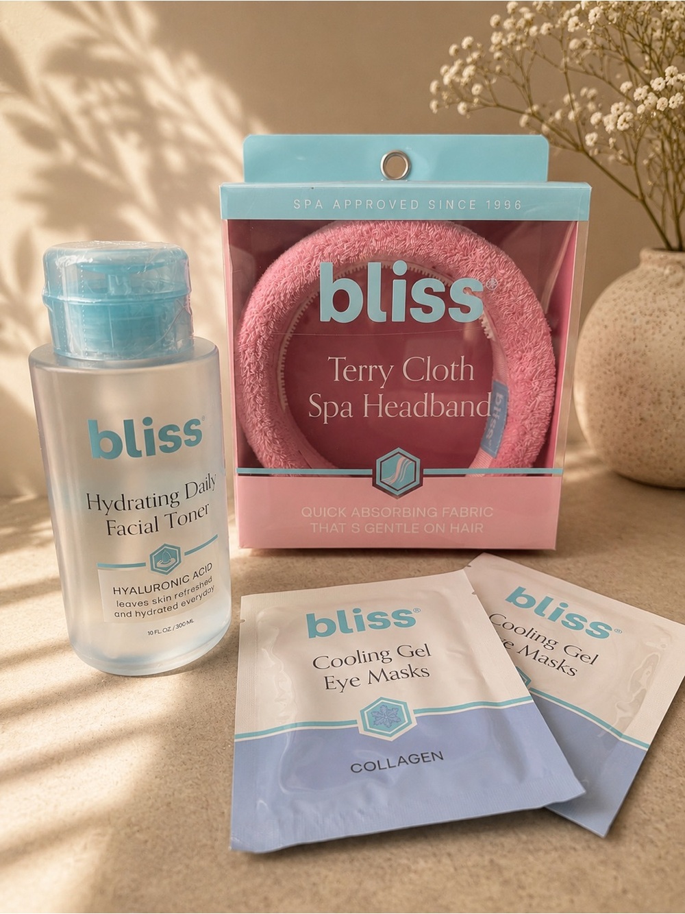 Bliss Pink Spa Headband, Hyaluronic Acid Toner & Cooling Eye Masks